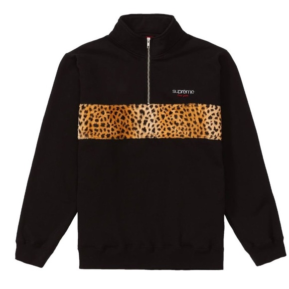 NEW Supreme Leopard Panel Half Zip Sweatshirt black Zip Up